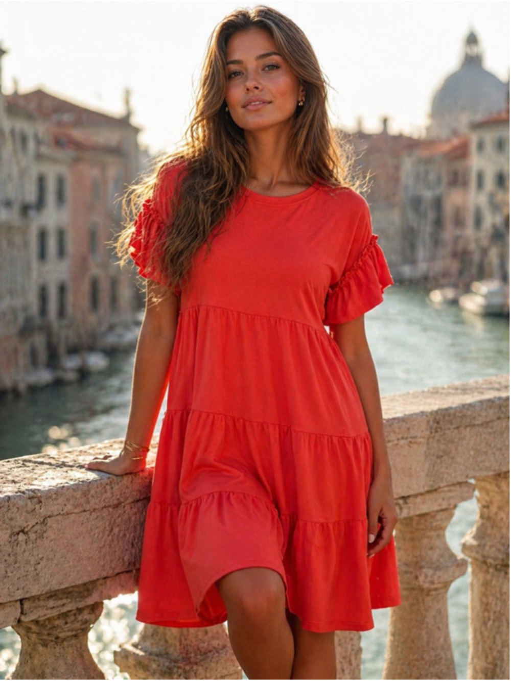 Crown And Ivy Coral Tiered Ruffle Sleeve Dress Quiet Luxury Coastal Preppy Boho